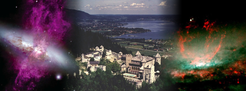 Ringberg castle over lake Tegernsee, surrounded by an H-alpha image of M82 (Smith, Gallagher & Westmoquette) and an HST image of NGC 3079 (NASA).
