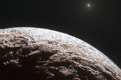 This artist’s impression shows the surface of the distant dwarf planet Makemake.