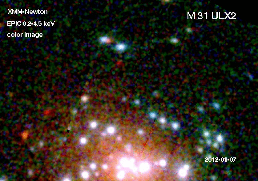 Diese Animation zeigt die Beobachtungen der hellen Röntgenquelle XMMU J004243.6 412.519 in unserer Nachbargalaxie Andromeda über sechs Monate hinweg. In dieser Region gibt es noch eine Reihe anderer variabler Objekte, aber nur die ULX zeigte den extremen Helligkeitsanstieg im Röntgenbereich und das Radiosignal eines Jets energiereicher Teilchen, der aus der Umgebung um das stellare Schwarze Loch ausgeworfen wird.