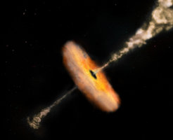 Diese künstlerische Darstellung zeigt die Quelle XMMU J004243.6+412519, ein Röntgendoppelsternsystem mit einem schwarzen Loch stellarer Masse, das Materie von einem weniger massereichen Begleitstern akkretiert. Die Röntgendaten und weitere Radiobeobachtungen deuten auf den Übergang zu einer höheren Akkretionsrate hin und darauf, dass Radiojets entstehen – Teilchenströme aus energiereichem Plasma, die von der Umgebung des schwarzen Loches ausgestoßen werden.
