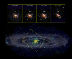 Dieses Bild zeigt die Andromeda-Galaxie (M31) im Röntgenlicht, aufgenommen mit dem XMM-Newton Weltraumobservatorium (wobei die Farben rot, grün, blau und weiß unterschiedliche Energien der Quellen anzeigen.) Diese Daten wurden mit einer Aufnahme bei ferninfraroten Wellenlängen (hier in grau) des Herschel-Weltraumobservatoriums kombiniert.
Die Bildreihe oben zeigt den inneren Bereich der Andromedagalaxie; diese Bilder wurden von XMM-Newton 2012 aufgenommen. Diese Bilder zeigen die Entdeckung und Veränderungen der neuen Quelle XMMU J004243.6+412519 (markiert durch einen Kreis).