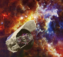 Diese künstlerische Darstellung zeigt das ESA-Weltraumteleskop Herschel vor dem Rosettanebel, in dem sich junge Sterne bilden. Die hellen Punkte sind staubige Hüllen mit massereichen Protosternen in ihrem Innern, die jeweils ein- bis zehnmal der Masse unserer Sonne haben. Die drei Farben in diesem Bild entsprechen Aufnahmen mit dem Photoconductor Array Camera and Spectrometer (PACS) und dem Spectral and Photometric Imaging Receiver (SPIRE) bei Wellenlängen von 70 (blau), 160 (grün) und 250 Mikrometer (rot).