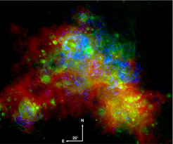 The different phases of the ISM in the Small Magellanic Cloud. Blue: 0.2 1.0 keV emission from hot (~0.2 keV) gas as obtained from the XMM-Newton survey, green: Hα and red: HI emission.