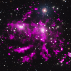 A team of astronomers discovered enormous X-ray contrails – spanning at least half a million light years – in Coma by using data from NASA’s Chandra X-ray Observatory as well as ESA’s XMM-Newton. A new composite image, with Chandra data in purple and optical data from the Sloan Digital Sky Survey, features these spectacular arms. In this image, the Chandra data have been processed so extra detail can be seen.