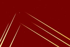 Das "Sternbild" der ARGOS-Laser, aufgenommen von einem Testteleskop. Für jedes der beiden Teleskope am LBT liefert ARGOS drei Laserstrahlen, die bis ca. 30km über der Erdoberfläche sichtbar sind aufgrund der Streuung in der Atmosphäre.
