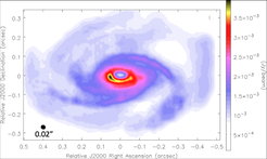 Diese Simulation zeigt, wie ALMA die Kontinuumsemission von Staub in einer selbst-gravitativen, proto-planetaren Scheibe um einen Stern mit einer Sonnenmasse bei 300 GHz beobachten würde. Dieses Bild stammt aus einer kürzlich veröffentlichten Arbeit von Douglas, Caselli et al. 2013.