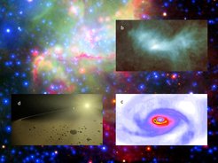 Sterne und Planeten entstehen in interstellaren Gaswolken (a), in denen Gas und Staub kondensieren und einen prästellaren Kern bilden (b) der zu einem Protostern und einer protoplanetaren Scheibe (c) führt. Letztlich beginnt der Stern zu leuchten und Planeten bilden sich (d). Um den gesamten Prozess von Anfang bis zum Ende nachzuverfolgen, müssen die Wissenschaftler nicht nur komplexe physikalische Prozesse und chemische Zusammenhänge verstehen, sondern auch viele Größenordnungen in Dichte und Temperatur sowie sehr unterschiedliche Zeitskalen unter einen Hut bringen.