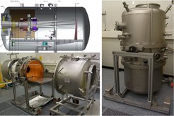 Abb. 11.1. Schnitt durch den Kryostaten mit Strahlengang der Optik
Abb. 11.2. Kryostat (geöffnet, kalte Optik-Montagefläche im Mittelteil)
Abb. 11.3. Kryostat (geschlossen, in vertikaler Konfiguration)