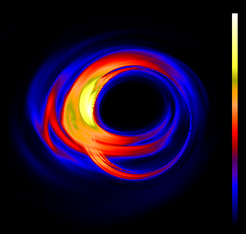 Predicted image of how the light from gas near the black hole at the Galactic centre might be seen by the proposed Event Horizon telescope.