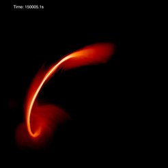 Momentaufnahme aus einer Computersimulation, in der ein Stern durch ein sehr massereiches Schwarzes Loch zerrissen wird. Die orange-roten Wolken zeigen die Trümmer des Sterns, nachdem er das Schwarze Loch passiert hat. (Dieses befindet sich hier in der linken unteren Ecke des Bildes.) Etwa die Hälfte des zerstörten Sterns bewegt sich auf elliptischen Bahnen um das Schwarze Loch und bildet eine Akkretionsscheibe, die schließlich hell in optischen und Röntgenwellenlängen aufleuchtet.