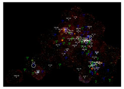 The numerous HMXBs known in the SMC marked on the EPIC mosaic image from above. The pulsars are labeled with their pulse periods in seconds. High-confidence HMXBs without known spin period are marked in green and other candidates in blue. The size of the circles scales with the positional uncertainty.