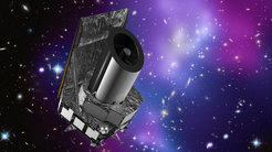 Künstlerische Darstellung des Euclid-Satelliten, vor einem Hintergrund aus Galaxien.