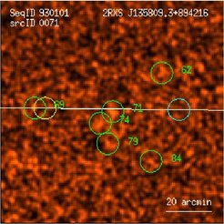 For all 2RXS sources we have produced 40 arcmin by 40 arcmin X-ray images around the location of the source. The source (centred on the image) and other nearby sources are marked with green circles. The regions considered for background extraction to produce light curves and spectra are marked by yellow and cyan circles. In this example the region marked with yellow is not used for the background as it is contaminated by another 2RXS source.