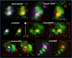 Adaptive-optics-assisted near-infrared integral field spectroscopy shows broad emission line components (white contours) superposed on the central region of massive z ~ 2 star-forming galaxies. The broad components extend over 2 to 3 kiloparsecs and most likely indicate AGN-driven outflows.