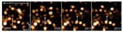 This time series of NACO L-band images shows how G2 (arrow) approached the position of Sgr A* (asterisk) during the past decade.