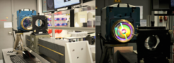 Abb. 10.3. Links: Laboraufbau eines MZ-CGHs vor einem Interferometer mit einer Referenz-Sphäre auf einem Präzisions-Luftlager-Lineartisch. Rechts: Ein mit Weißlicht beleuchtetes MZ-CGH wirkt als Beugungsgitter und zerlegt das Licht in seine Farbanteile.