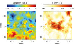 Diese beiden kinematischen Karten zeigen die Geschwindigkeit (links) und die Geschwindigkeitsdispersion (rechts) im Zentrum der Galaxie NGC 5419. Die Geschwindigkeitsverteilung der Galaxie ist in der Größenordnung von 350 km/s und erreicht höhere Werte in einem ausgedehnten Bereich, der mit der Position der beiden Kerne übereinstimmt. Überraschenderweise ist die Geschwindigkeit im Zentrum der Galaxie selbst jedoch sehr klein. Dies bedeutet höchstwahrscheinlich, dass die Umlaufbewegung der schwarzen Löcher im Wesentlichen senkrecht zur Sichtlinie stattfindet.