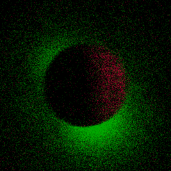 In the centre of the image, you can see the moon in dark red, which eclipses bright source Sco-X1. This very rare constellation allows it to directly observe the faint X-ray halo of Sco-X1 (in green).