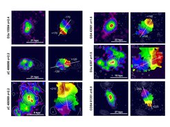 Observations of the six galaxies with KMOS and SINFONI. For each galaxy, the left column shows the distribution of the total surface brightness in the Hα line. The right column gives the velocity map. All galaxies show a clear rotation pattern, with blue areas moving towards the observer and red parts away from the observer.