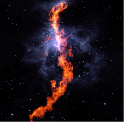 In diesem zusammengesetzten Bild aus Radio- und Infrarot-Beobachtungen erscheint das Filament der Ammoniakmoleküle rot und das Gas des Orion-Nebels blau.