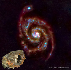 Herschel opened its 'eyes' on 14 June 2009 and PACS (inset) obtained this image of M51, ‘the whirlpool galaxy’, for a first test observation.