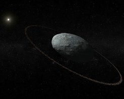 Artistic concept of Haumea and its ring system with correct proportions for the main body and the ring. The ring is located at a distance of 2287 km with respect to the center of the ellipsoidal main body and it is darker than the surface of Haumea. It was discovered by means of multiple telescopic observations of a stellar occultation in Europe on 21 January 2017.