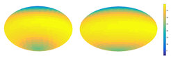 As Haumea is an elliptical object, its cross-section as observed from Earth differs as it rotates. These two images show Haumea at its minimum (left) and maximum (right); the colour scale indicates the surface temperature (in Kelvin). At the time of the stellar occultation, Haumea was at its minimum (left).