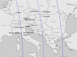 Map of the Earth showing the locations of the observatories that recorded the occultation (green dots). The thick lines mark the shadow path limits; the shadow motion is from bottom to top in the figure. Mount Agliale did not detect the occultation by the main body but only by the ring. The red marks at Trebur and Val D’Aosta observatories indicate the closest sites to the shadow path that recorded a negative occultation.