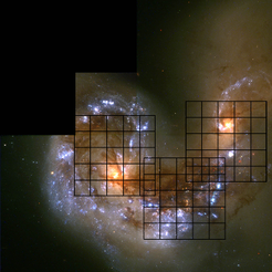 The Antennae system (NGC4038/39), as covered by the SHINING survey (schematically, actual exact position and array orientation was slightly different).
