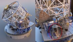 Diese Abbildungen zeigen das ELT mit den Instrumenten der ersten Generation (Harmoni, MICADO mit dem Adaptive-Optik-System MAORY, METIS) auf der Nasmyth-Plattform. MICADO ist rot eingekreist. Credit: ESO/MICADO Konsortium