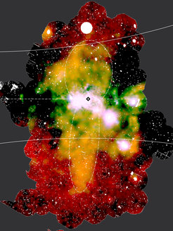 This false colour image shows X-ray emission from the central 300 by 500 parsecs of the Milky Way. The colours indicate different energy levels of the X-ray emission. A coherent, shell-like feature is visible both north and south of the galactic plane, the so-called “chimneys”, connecting the inner region around the supermassive black hole at the centre (located in the white area at the middle) with the Fermi Bubbles much further out. Point sources and very bright sources have been removed.