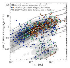 Figure 1 shows the distribution of the 740 KMOS3D targets in stellar mass vs. SFR normalized to that of the MS at the redshift of each galaxy and log(M⁎/M☉) = 10.5. The shape of the MS (from Whitaker et al. 2014) and offsets by factors of four and ten above and below the relationship are plotted as solid lines. Colored symbols represent targets observed in the Y-, J-, H-, and K-bands (as labelled). KMOS3D probes well the underlying population of massive galaxies at 0.7 < z < 2.7 and KAB < 23 mag, the density distribution of which is shown in gray shades.