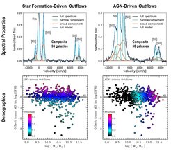 Figure 4 shows distinct spectral properties and demographics of SF-driven (left) and AGN-driven (right) galactic-scale winds obtained from ~ 600 galaxies at 0.7 < z < 2.7 mostly from KMOS3D. The composite spectra (top panels) from the best-quality data are plotted with black lines, and the best-fit narrow and broad component-emission-tracing HII regions and outflows are shown in cyan and orange, respectively. The trends in outflow incidence with stellar mass and offset from the MS at the mass and redshift of each galaxy (bottom panels) are coded according to the color bars in each panel and sampled at the locations of the individual objects.