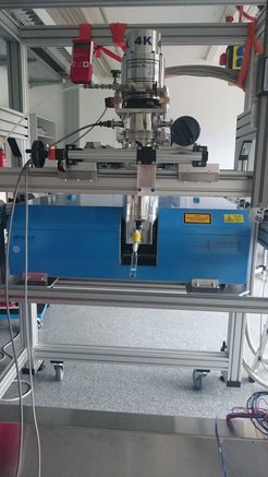 The vacuum chamber of the cryostat coupled to the THz spectrometer sample compartment at the Center for Astrochemical Studies.