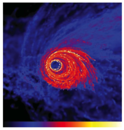 This image simulates the infall of a massive molecular cloud into the Galactic Center region (Bonnell & Rice 2009).