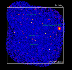 Shown in the image are the results of observations of a small patch of extragalactic sky (2x2 degrees) observed on 26 and 27 August 2019 with one of the eROSITA modules. The central area (~1x1 degrees) of this field is known as UDS (Ultra Deep Survey). The test observations include both pointed and scanning-mode observations, which are combined in the image shown. The effective exposure time at the center of the field is equivalent to some 6ks (approximately two hours) of observations with all 7 modules.
Most of the hundreds of objects visible in the image are QSOs (quasars) at cosmological distances, but some correspond to Active Galactic Nuclei of not very distant galaxies, and there are even some stars with very bright X-ray coronae in our own galaxy. The very prominent diffuse blob visible in the top-right corner is a massive cluster of galaxies (known as ACO329) at redshift z=0.139.