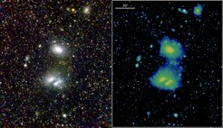 Far-away nebulae: These two eROSITA images show the two interacting galaxy clusters A3391 and A3395, highlighting eROSITAs superb view of the distant Universe. They were observed in series of exposures with all seven eROSITA telescope modules an October 17 and 18, 2019. The individual images were subjected to different analysis techniques, and then coloured in different schemes to highlight the different structures. In the left-hand image, the red, green and blue colours refer to the three different energy bands of eROSITA. One clearly sees the two clusters as nebulous structures, which shine brightly in X-rays due to the presence of extremely hot gas (millions of degrees) in the space between galaxies. The image on the right highlights the “bridge” between the two clusters, confirming the suspicion that these two huge structures actually interact dynamically. The eROSITA observations also show hundreds of point-like sources, signposting either distant supermassive black holes or hot stars in the Milky Way.