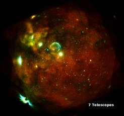Neighbour in space: This image shows our neighbouring galaxy, the Large Magellanic Cloud, observed in series of exposures with all seven eROSITA telescope modules on October 18 and 19, 2019. The diffuse emission originates from the hot gas between the stars. The nebulous structures in the image are mainly supernova remnants, i.e. stellar atmospheres expelled in huge explosions at the end of a massive stars’ lifetime. The most prominent one, SN1987A, is seen close to the centre as an almost circular, bluish cloud. A host of other sources in the LMC itself include accreting binary stars or stellar clusters with very massive young stars (up to 100 solar masses and more). There are also a number of point sources, either foreground stars from our home galaxy or distant Active Galactic Nuclei.