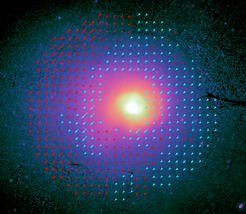 This image shows the Perseus galaxy cluster – one of the most massive known objects in the Universe – in X-rays, as seen by XMM-Newton’s European Photon Imaging Camera (EPIC). The central region of the cluster can be seen glowing brightly, with its diffuse outer regions extending outwards from the middle of the frame.
The overlaid blue and red arrows show the motion of the gas in the region (relative to the cluster itself), with blue arrows representing gas moving towards us, and red representing gas moving away. The length of the ‘tail’ on the arrows represents the size of the velocity: the longer the arrow tail, the faster the gas is moving.