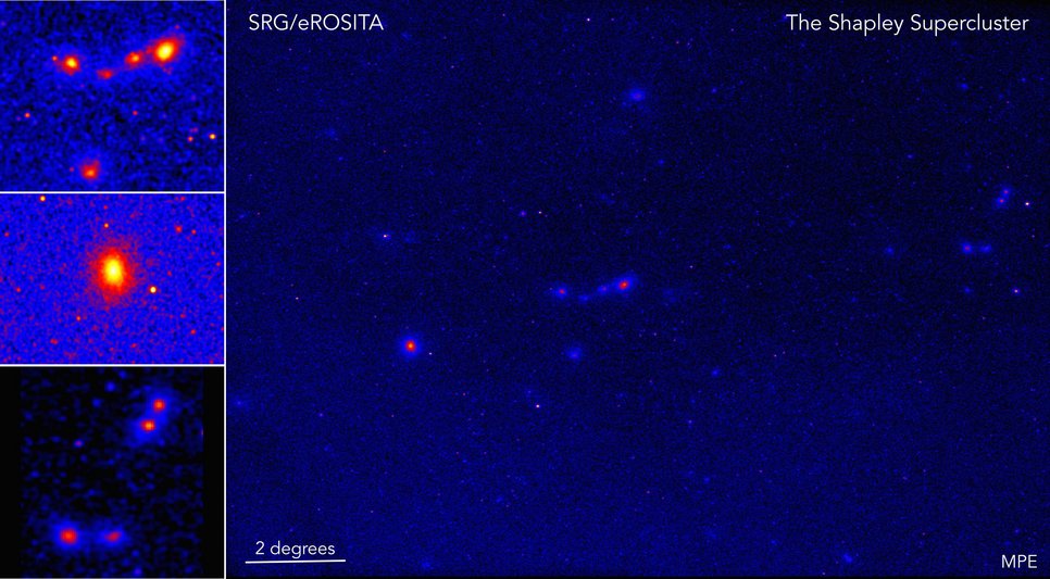 The Shapley supercluster of galaxies is one of the most massive concentrations of galaxies in the local universe at a distance of about 650 million light-years (z~0.05). Each of the dozen extended structures is itself a cluster of galaxies, consisting of 100s to 1000s of individual galaxies, each denoting an intersection of filaments making up the large-scale structure in the Universe. This image spans 16 degrees across the sky (about 30 times the size of the full moon), which translates into about 180 million light-years across at the distance of the Shapley supercluster. The images on the left show a zoom of the the most massive clusters in the Shapley supercluster.