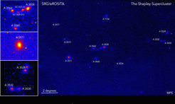 Galaxies galore:the Shapley supercluster of galaxies is one of the most massive concentrations of galaxies in the local universe at a distance of about 650 million light-years (z~0.05). Each of the dozen extended structures is itself a cluster of galaxies, consisting of 100s to 1000s of individual galaxies, each denoting an intersection of filaments making up the large-scale structure in the Universe. This image spans 16 degrees across the sky (about 30 times the size of the full moon), which translates into about 180 million light-years across at the distance of the Shapley supercluster. The images on the left show a zoom of the the most massive clusters in the Shapley supercluster.