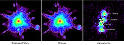 Diese Bilder erläutern, wie die Uranusmonde aus den Daten isoliert wurden. Links: Das Originalbild enthält die Infrarotsignale von Uranus und seinen fünf Hauptmonden, gemessen bei einer Wellenlänge von 70 Miktrometer. Uranus ist einige tausendfach heller als ein einzelner Mond. Sein Bild ist durch störende Einflüsse von Teleskop und Kamera von Bildartefakten dominiert. Titania und Oberon sind gerade noch erkennbar. Mitte: Aus den Daten erstellten die Forscher durch eine aufwendige Prozedur ein Modell für die Helligkeitsverteilung des Planeten Uranus. Dieses wird vom Ausgangsbild abgezogen. Rechts: Nach der Subtraktion verbleiben die Signale der Monde. Die nicht ganz perfekte Filterung beeinträchtigt das Bild an der Position von Uranus.