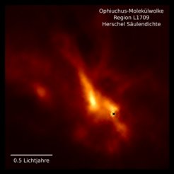 Die dichte Region L1709 in der Ophiuchus-Molekülwolke, die vom Weltraumteleskop Herschel kartiert wurde. Darin eingebettet das viel kleinere System IRS 63 mit Protostern und Scheibe (markiert durch das schwarze Kreuz).