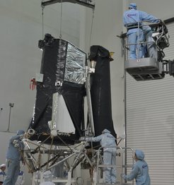 Figure 16: The SRG satellite begins to take shape. In this photo of 2018, for the first time eROSITA and its sister telescope ART-XC (developed by IKI, the Space Science Institute of the Russian Academy of Science) are mounted together on the support.(Credit NPOL)