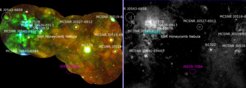 The figure taken from the EDR paper (Sasaki et al.) shows the images of the most active part of the Large Magellanic Cloud, which is the largest and the clostest star-forming satellite galaxy of our Milky Way, observed in X-rays with eROSITA (left) and in radio (right). Position of SNRs are marked.