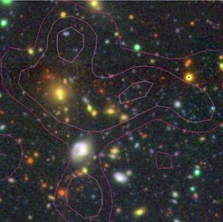 This image illustrates some of the difficulties in our work. In about 1-2% of the clusters, more than one cluster lie at the same position in the sky. In this particular case we see a one cluster at z=0.26, as yellow galaxies and another cluster behind at z=1.17 visible as very red galaxies. The magenta contours show the distribution X-ray emission and includes both structures.
