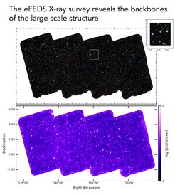 The “eFEDS” (the eROSITA Final Equatorial Depth Survey) was designed as a preview to the final eROSITA all-sky survey. The top panel shows all sources, color-coded by the energy of the photons. The inset is a zoom onto a "supercluster", i.e. a conglomeration of clusters of galaxies about to merge. In bottom panel all stars and AGN (i.e. all the point sources) have been filtered out from the eFEDS X-ray image. What is left is the diffuse emission from clusters and groups of galaxies, the matter in between, and the halo of the MilkyWay in front. As such, it gives a visual illustration of the large-scale structure that is almost impossible to gain otherwise.