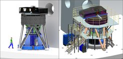 This figure shows the global MICADO architecture in "stand-alone" mode. On the left, you can see the various hardware subsystems, on the right the maintenance platform. (1) Calibration assembly, mounted next to relay optics, replicates ELT focal plane (later moves to MAORY bench); (2) relay optics to transfer ELT focal plane downward into MICADO (later exchanged for last MAORY mirror); (3) NGS WFS module, which rotates under the fixed cover, containing SCAO on top bench and the MAORY NGS WFS on a lower bench; (4) derotator and cryostat, surrounded by peripheral devices; (5) support structure, for rotating mass (cryostat and NGS WFS module) as well as fixed upper platform; (6) corotating platform with electronics cabinets (due to cable length limitations); (7) cable wrap for connection to external cabinets and services.