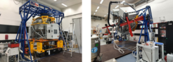 The left image shows the installation of ERIS onto the Cassegrain Simulator in the MPE Integration Hall. In the right picture, the flexure of ERIS is tested via the Cassegrain Simulator.