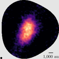 This shows the morphology of the NH2D emission, clearly revealing the flattened envelope (also called a pseudo-disk), precursor to the future protoplanetary disk. The ALMA resolution is the small black circle in the bottom left corner and the bar in the bottom right shows the linear scale. In the central 2000 astronomical units, NH2D and all other species heavier than helium reside on the surface of dust grains, the building blocks of future planets.